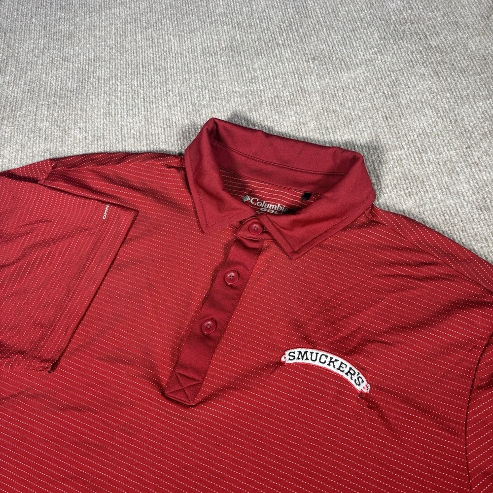 Columbia Golf Shirt Men L Red Striped Omni Wick Sunday Polo Smucker Company Logo